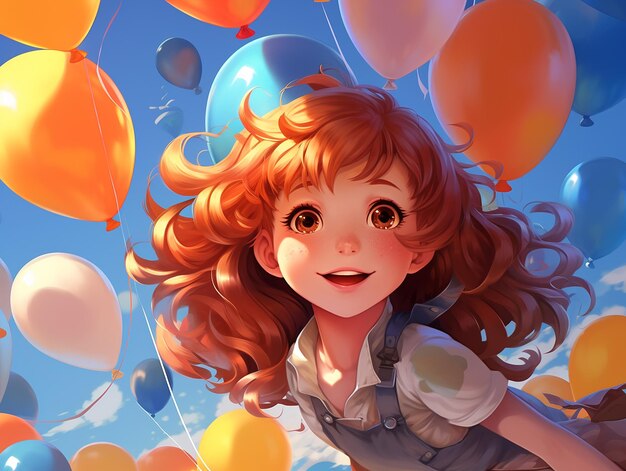 Junges hübsch lächelndes Mädchen mit farbigen festlichen Ballons Illustration im Anime-Stil