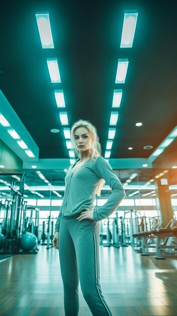 Junges hübsches blondes Mädchen in grünem Hemd und Leggings trainiert im Fitnessstudio Kopierraum Generative KI