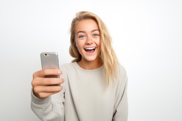 Foto junges hübsches blondes mädchen über einem isolierten weißen hintergrund benutzt ein handy