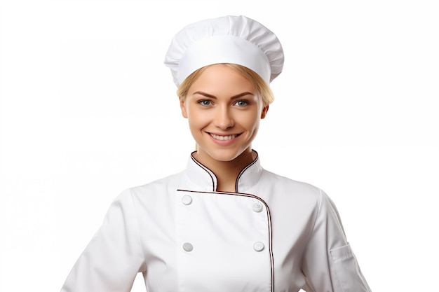 Junges, hübsches, blondes Mädchen über einem isolierten weißen Hintergrund in Chefuniform