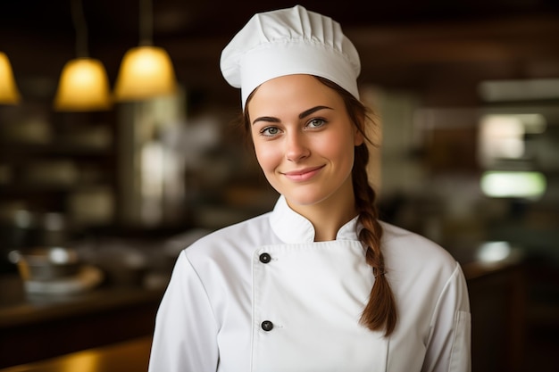 Junges hübsches brünettes Mädchen im Inneren in Chefuniform