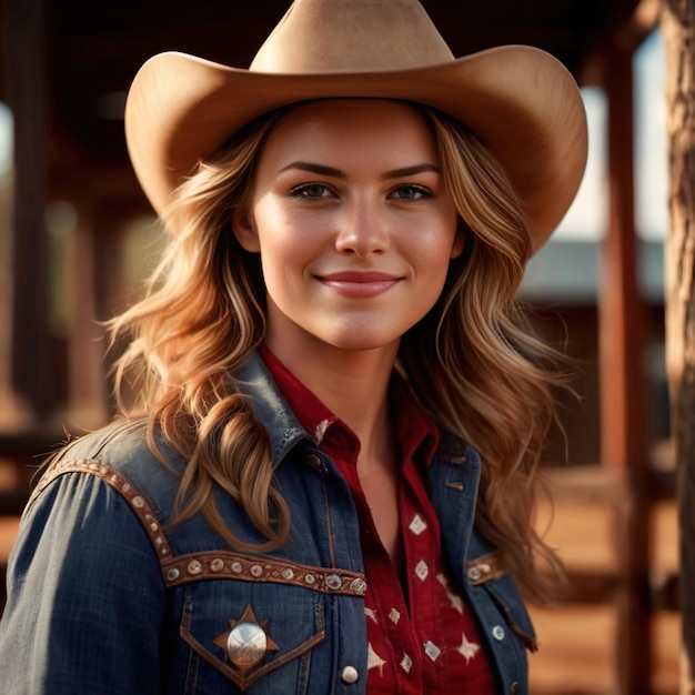 Junges hübsches Cowgirl Weibliches Cowgirl lächelnd und selbstbewusst auf der Western-Ranch