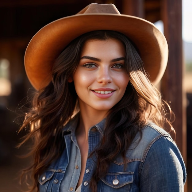 Junges hübsches Cowgirl Weibliches Cowgirl lächelnd und selbstbewusst auf der Western-Ranch