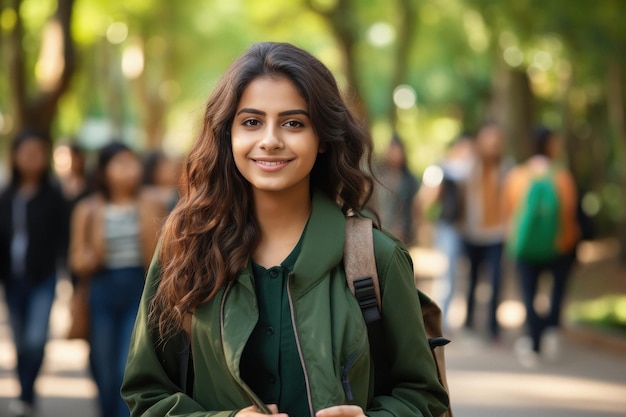 Junges indisches College-Mädchen hält Rucksack und Bücher in der Hand und macht einen glücklichen Gesichtsausdruck