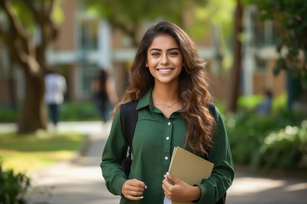 Foto junges indisches college-mädchen hält rucksack und bücher in der hand und macht einen glücklichen gesichtsausdruck