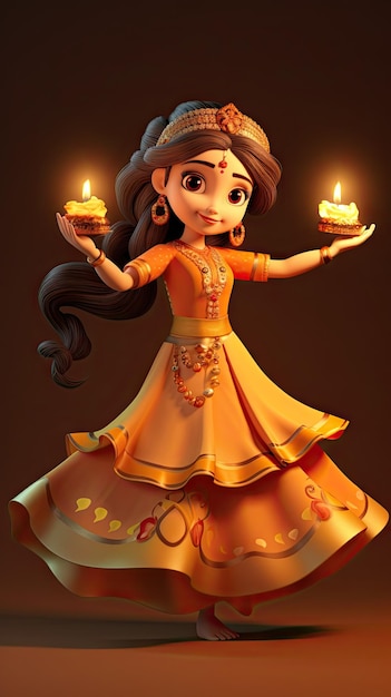 Junges indisches Mädchen hält Diya-Lampe Diwali 3D-Cartoon