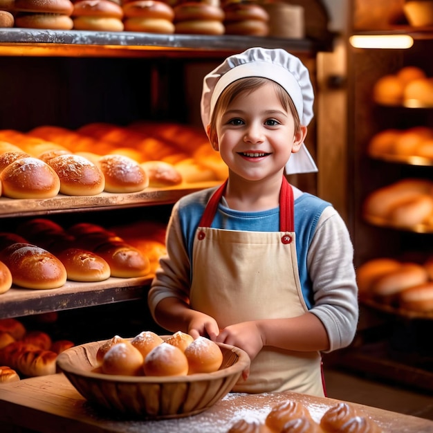 Junges Kind Bäcker in der Bäckerei stolz glücklich und zuversichtlich von Brot