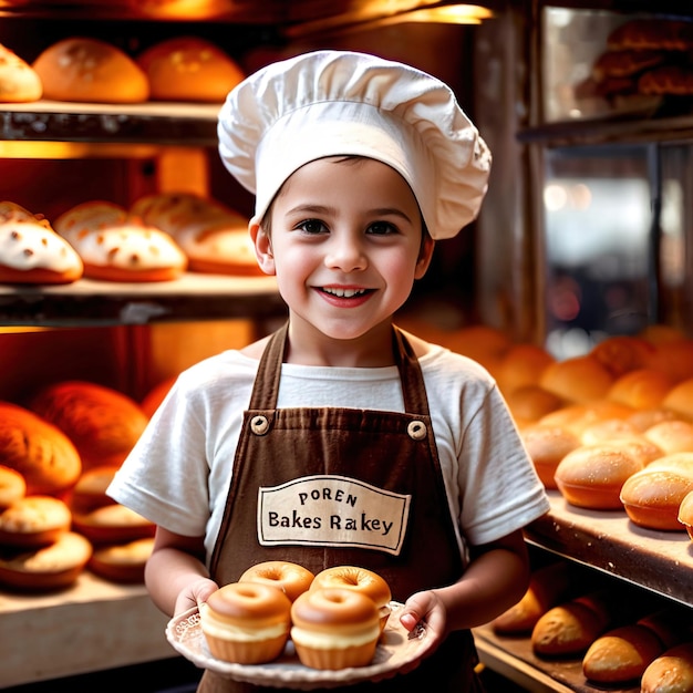 Junges Kind Bäcker in der Bäckerei stolz glücklich und zuversichtlich von Brot