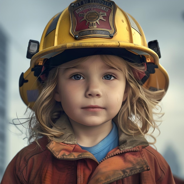 Junges Kind mit Feuerwehrhelm, das hoffnungsvoll aussieht Porträt eines zukünftigen Helden, der von Tapferkeit träumt Inspirationsbild für kreative Projekte KI