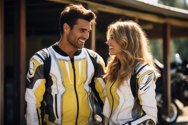 Junges lachendes Paar mit Motorradausrüstung und Helmen in den Farben Gelb und Schwarz, KI-generiert