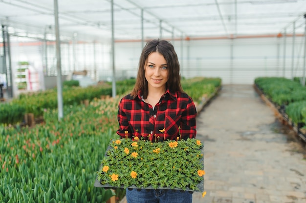 Junges Mädchen, Arbeiter mit Blumen im Gewächshaus