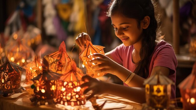 Junges Mädchen blickt auf die Glaskugel Diwali