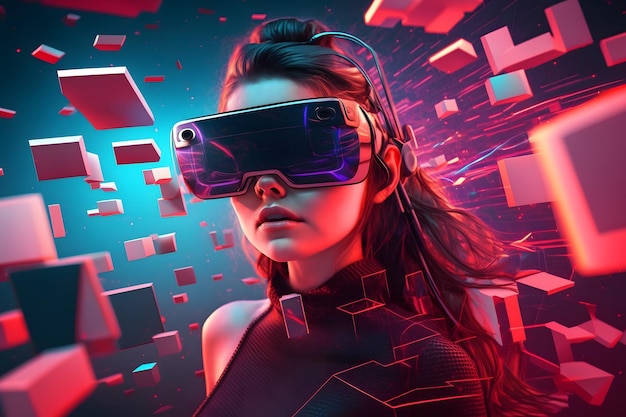 Junges Mädchen, das Erfahrung mit einem VR-Headset macht, nutzt eine Augmented-Reality-Brille, die in der virtuellen Realität durch neuronale Netzwerke erzeugt wird