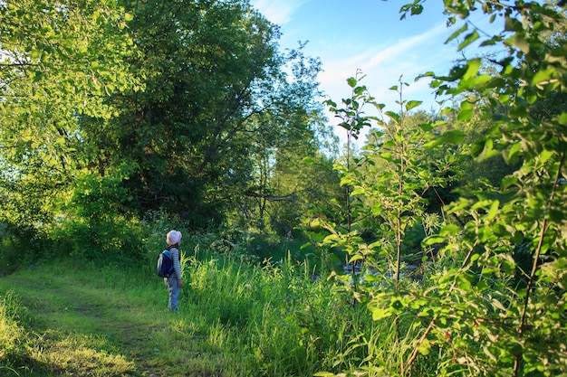 Junges Mädchen des Reisenden mit Rucksack, der auf Weg im tropischen Wald geht