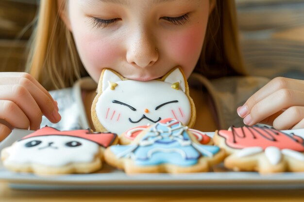 Junges Mädchen genießt farbenfrohe Kätzchen-Kekse Kind genießt süße Leckereien an einem Holztisch