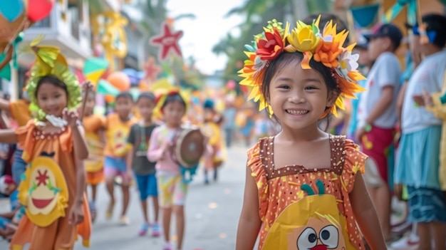 Junges Mädchen im Blumenkostüm lächelt in der Kindertagsparade