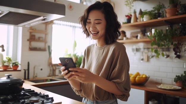 Junges Mädchen in der Küche schaut auf ihr Handy und überprüft ein Rezept zum Kochen