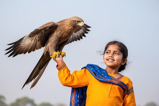 Junges Mädchen in traditioneller indischer Kleidung hält einen schwarzen Drachen hoch über dem Kopf und schießt ihn am Sankranti der Republik