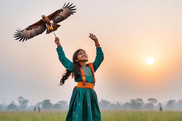 Junges Mädchen in traditioneller indischer Kleidung hält einen schwarzen Drachen hoch über dem Kopf und schießt ihn am Sankranti der Republik
