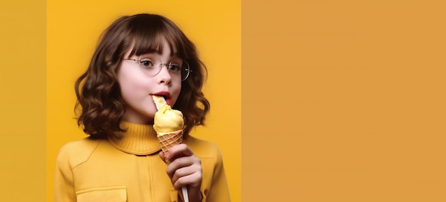 Junges Mädchen isst Eis auf gelbem Hintergrund mit Kopierraum