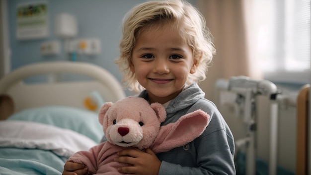 Junges Mädchen kämpft mit einem Lächeln gegen den Krebs und umarmt ihr Spielzeug