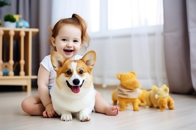 Junges Mädchen lacht mit einem Corgi-Hund in einer verspielten Szene. Generative KI