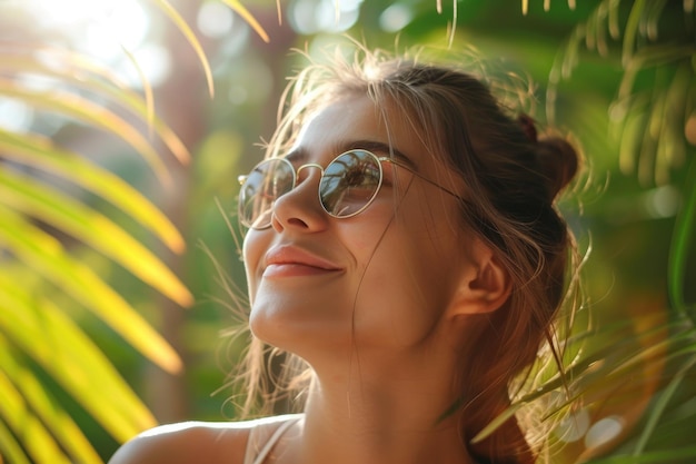 Junges Mädchen lächelt in der Natur mit Sonnenbrille