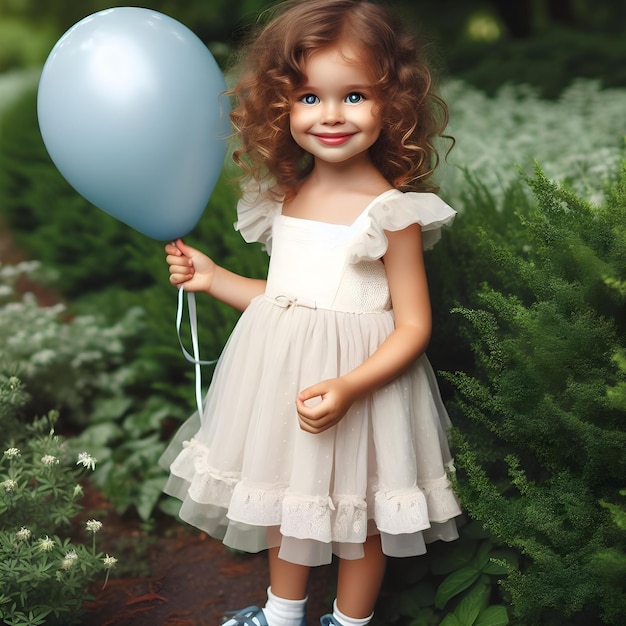 Junges Mädchen mit einem blauen Ballon steht in der Dämmerung auf einem Weg, der von Grün umgeben ist