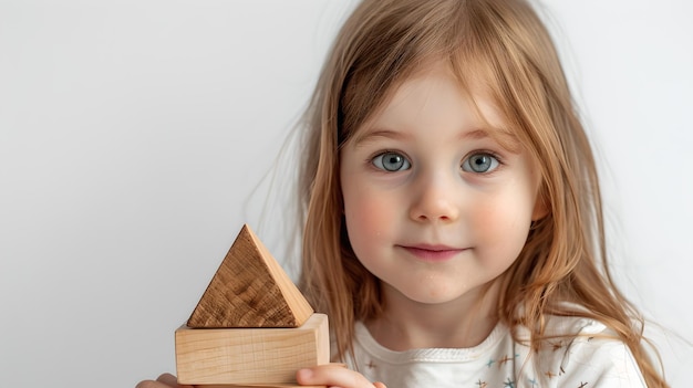 Junges Mädchen mit einem Holzhaus-Spielzeugporträt mit weichem Licht Fotografie der Kindheit Fantasie Ideal für Familien- und Bildungskonzepte KI