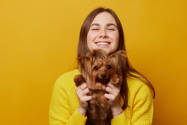 Junges Mädchen mit einem Hund Yorkshire Terrier auf einem gelben, sauberen Hintergrund