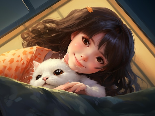 Foto junges mädchen mit katzenillustration im anime-stil