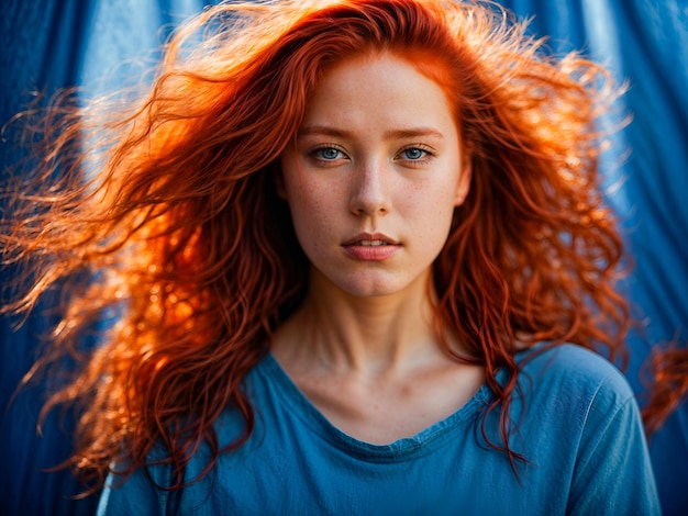 Foto junges mädchen mit lebendigen roten haaren, selbstvertrauen und stärke