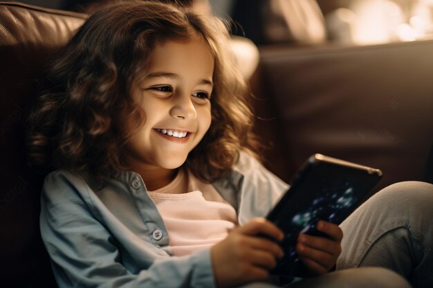 Junges Mädchen mit lockigem Haar lächelt in die Kamera, hält das Tablet in den Händen und genießt die Verwendung des Geräts