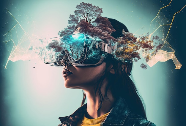 Junges Mädchen mit VR-Brille, eingetaucht in virtuelle Realität, surrealer abstrakter Hintergrund, Doppelausstellung, kreative Kunst und Metauniversum-Technologie, 3D-Rendering, AI generiert