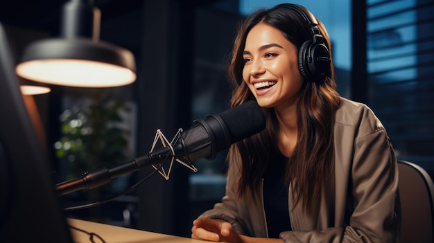 Junges Mädchen nimmt in ihrem Heimbüro einen Podcast auf