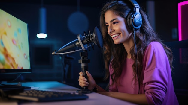 Junges Mädchen nimmt in ihrem Heimbüro einen Podcast auf