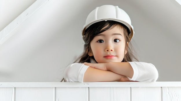 Junges Mädchen posiert in einem weißen Helm, aufstrebendes Architektenkonzept, Kind mit Bausträumen, berufliche Zukunftsbildung, KI