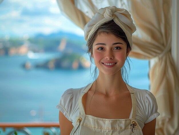 Foto junges mädchen posiert lächelnd im hotelzimmer