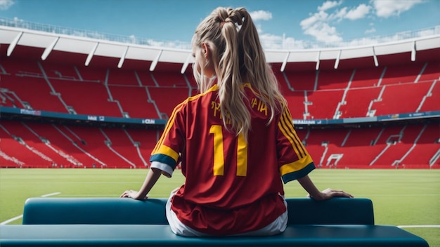 Junges Mädchen trägt Spanien-Trikot und schaut sich das Training im leeren Stadion an