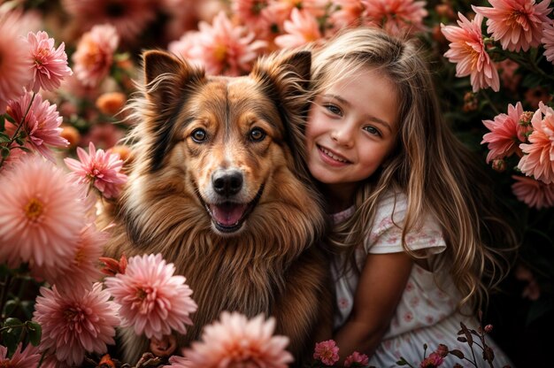 Foto junges mädchen und ihr hund umgeben von rosa blumen