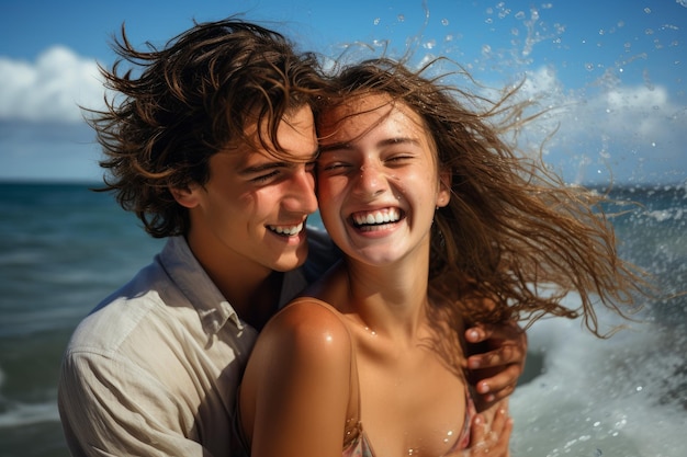 Junges Paar am Meer, Strand, Umarmung, romantischer Ausflug, Ai generieren