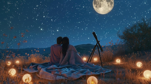 Junges Paar blickt im Valentinstag-Pragma auf den Nachthimmel