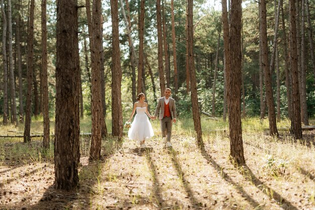 Junges Paar Braut in einem weißen kurzen Kleid und Bräutigam in einem grauen Anzug in einem Kiefernwald