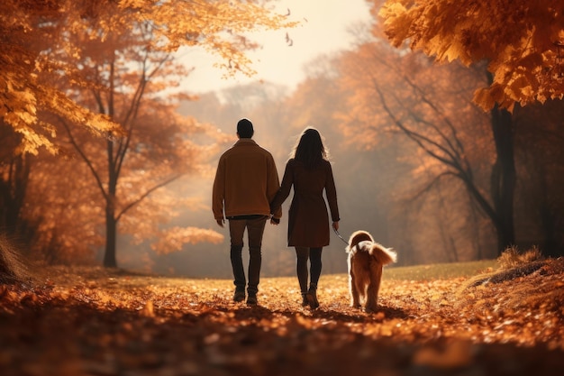 Junges Paar geht mit dem Hund im Park an einem Herbsttag spazieren, die Sonne scheint KI-generiert