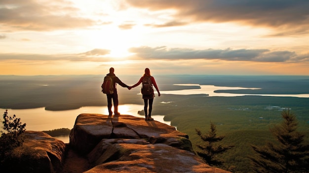 Junges Paar hält sich auf dem Gipfel des Hügels. Glück, Liebe, Freundschaftskonzept