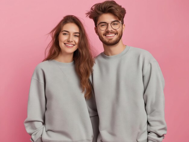 Junges Paar in grauen Sweatshirts posiert auf rosa Hintergrund