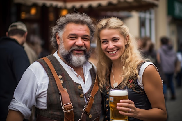 Foto junges paar in traditioneller bayerischer kleidung mit bier