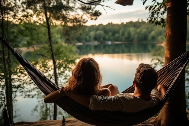 Junges Paar ruht in einer Hängematte am Ufer des Sees bei Sonnenuntergang Personansicht Paar ruht im Camping Frau liegt in einer Hängematte mit wunderschönem Blick auf den Wald See AI Generated