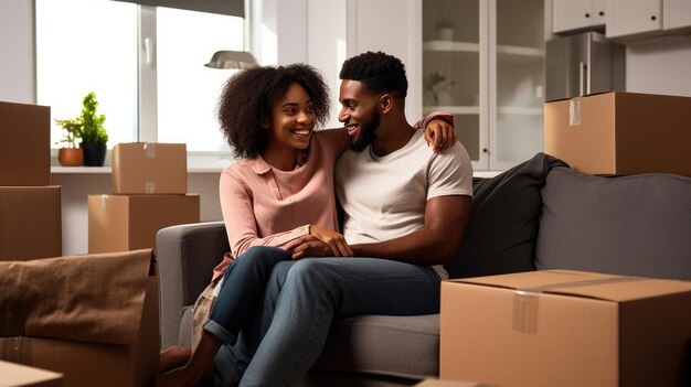 Junges Paar sitzt auf einer Couch in einem neuen Haus oder einer neuen Wohnung, umgeben von Umzugskartons, erstellt mit generativer KI-Technologie