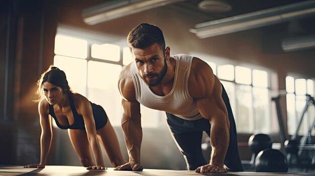 Junges Paar trainiert im Fitnessstudio. Attraktive Frau und gutaussehender, muskulöser Mann trainieren im Licht